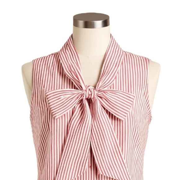 Tahari ASL Red White Striped Sleeveless Blouse S NWT Bow Neck Button Front Top - Picture 2 of 9